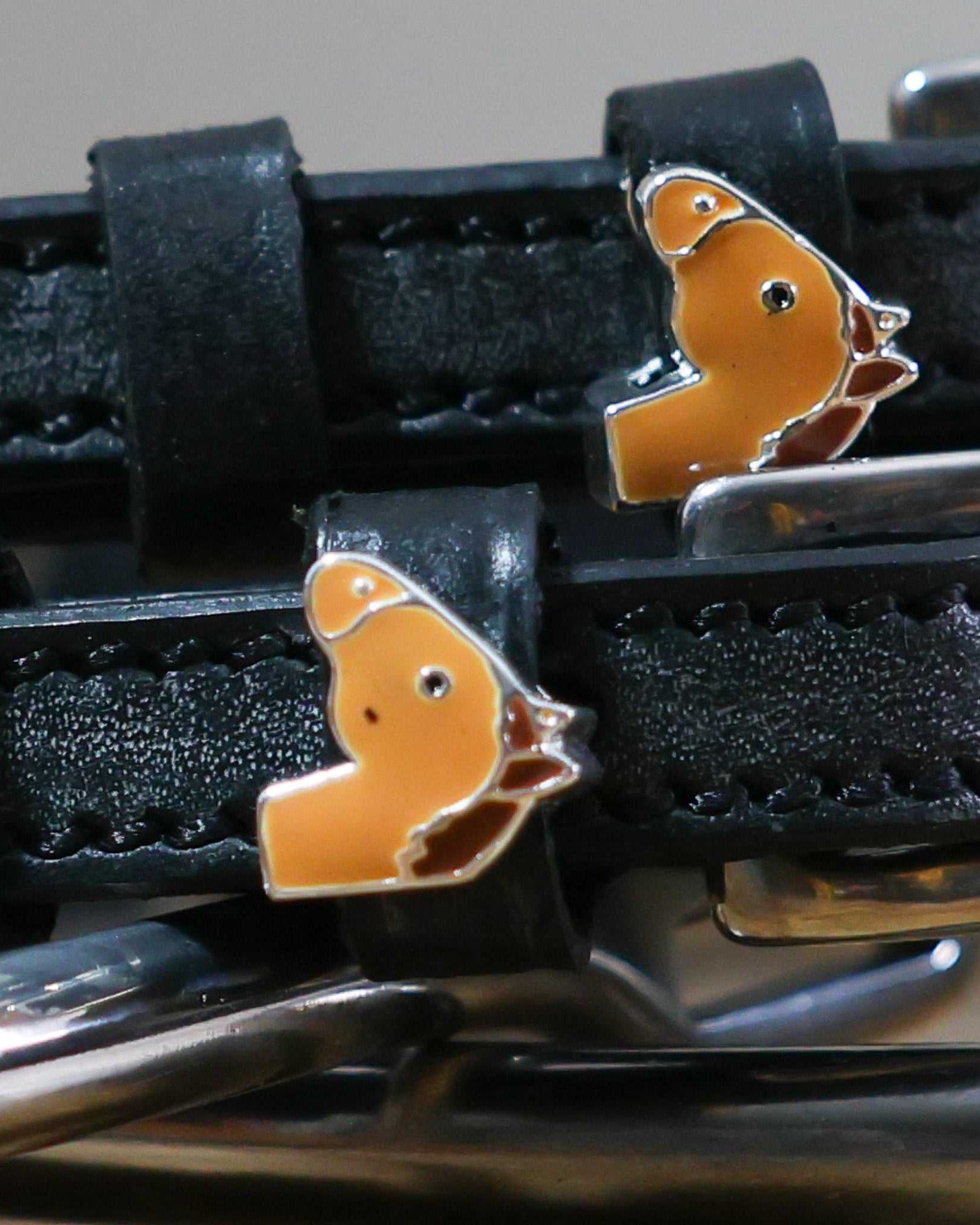 Chestnut Horse Spur Straps black leather with custom chestnut horse charm and stainless steel buckle