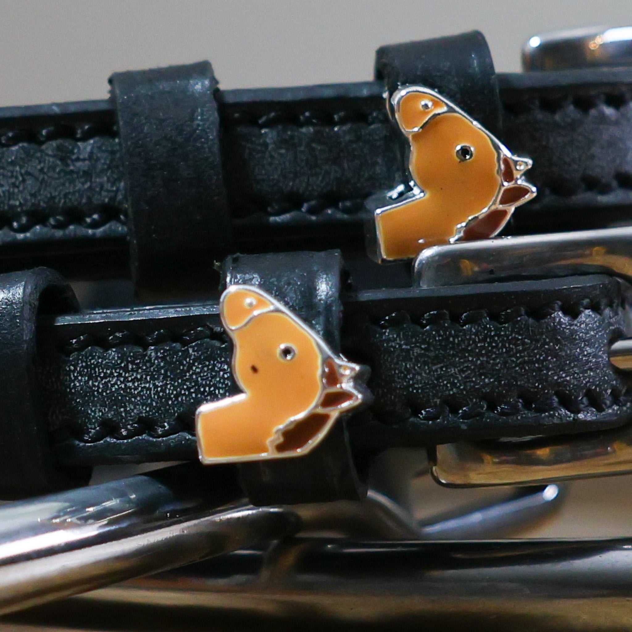 Chestnut Horse Spur Straps black leather with custom chestnut horse charm and stainless steel buckle