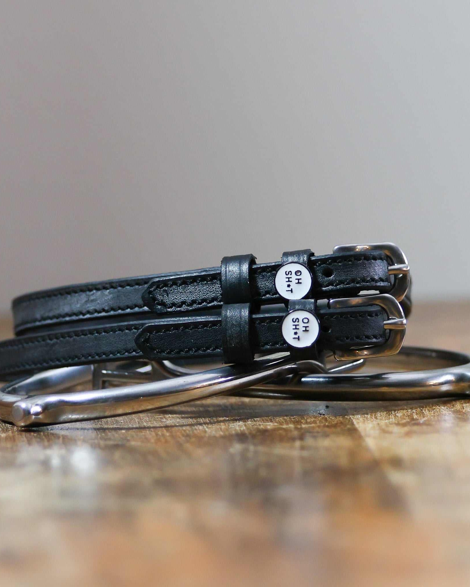 ManeJane Oh Sh*t Spur Straps Spur Straps — black leather, non-stretch, hero image for English riders.