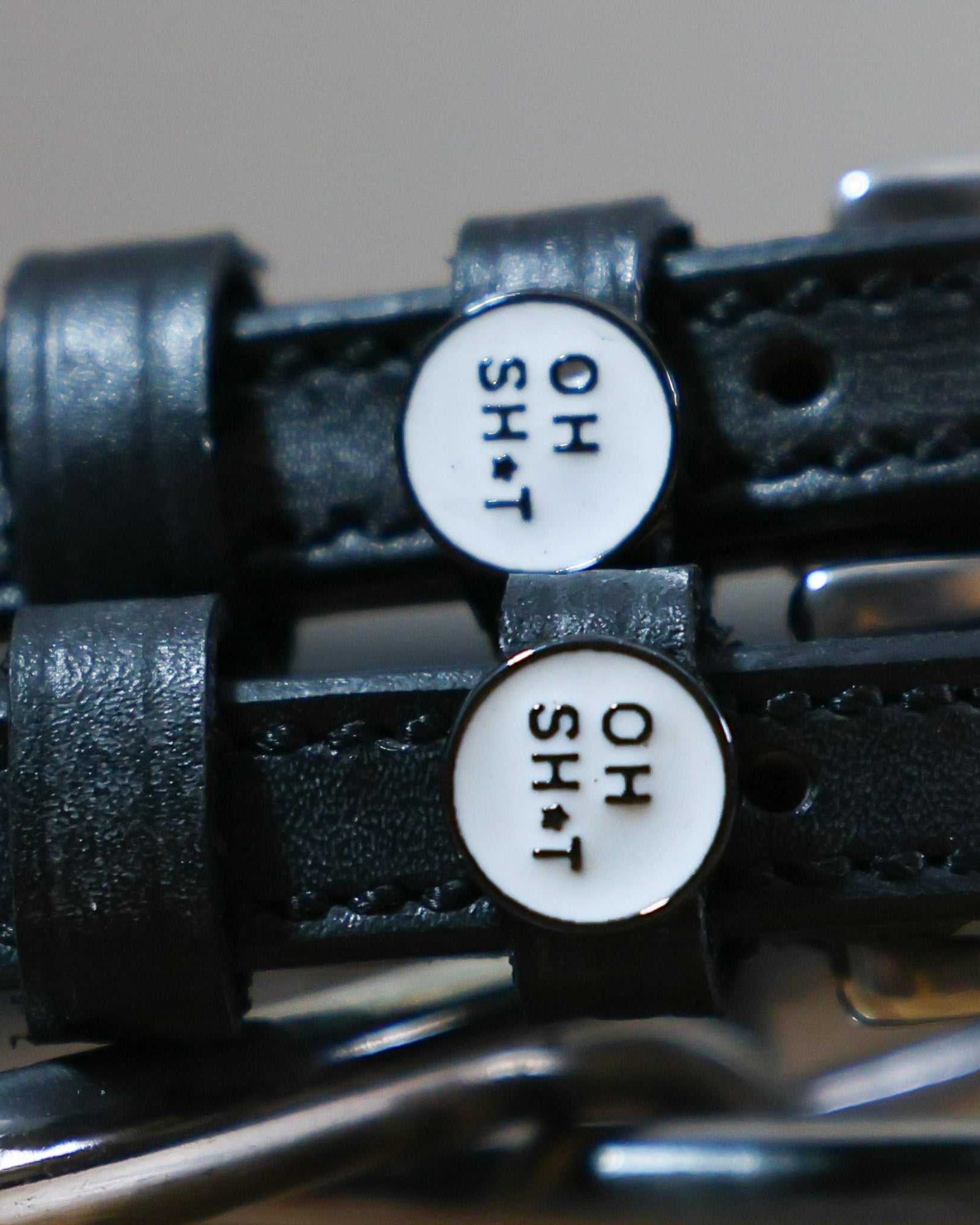 Oh Sh*t Spur Straps black leather with stainless steel buckle and custom charm