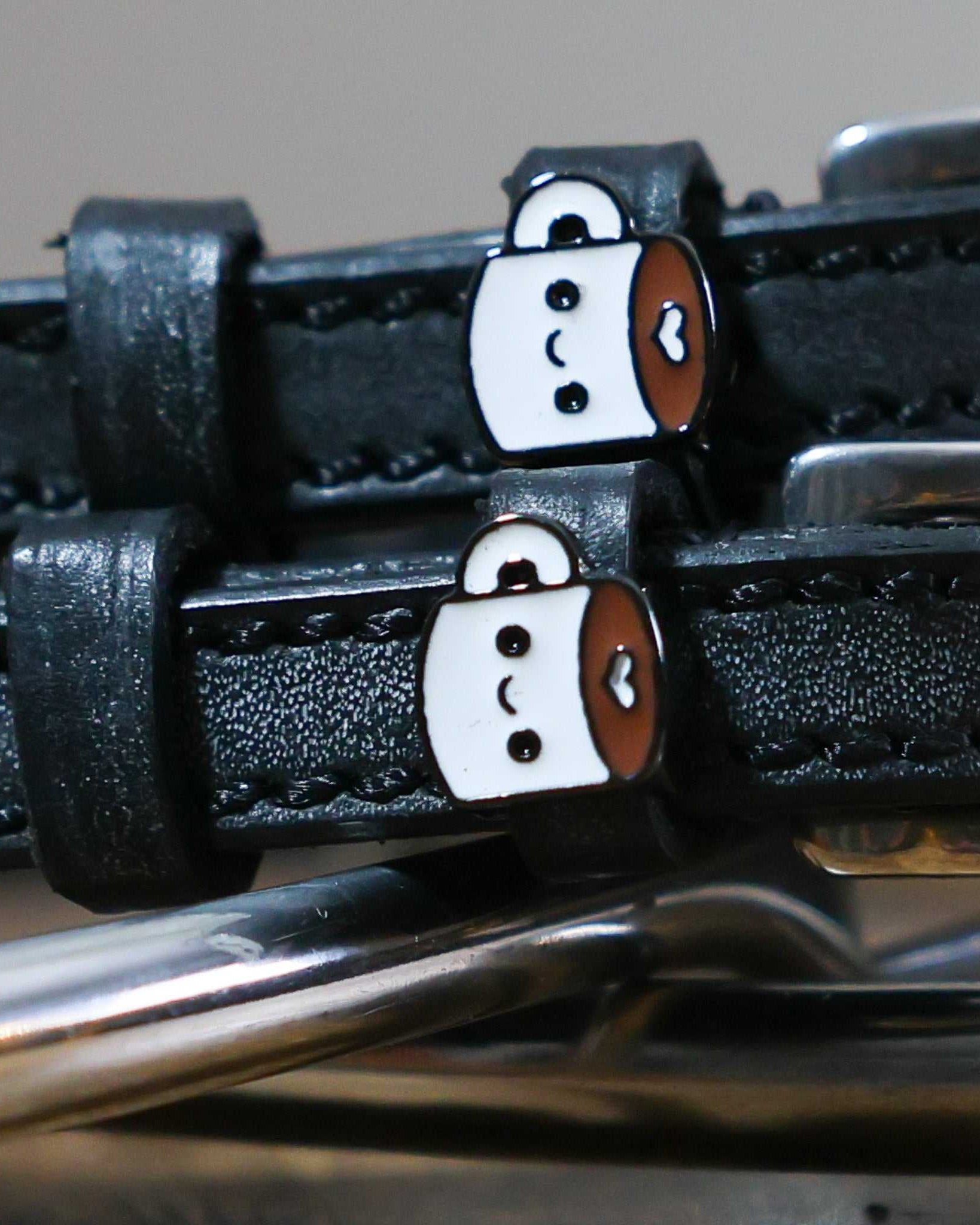 Black leather Coffee Spur Straps with stainless steel buckle and custom coffee cup charm