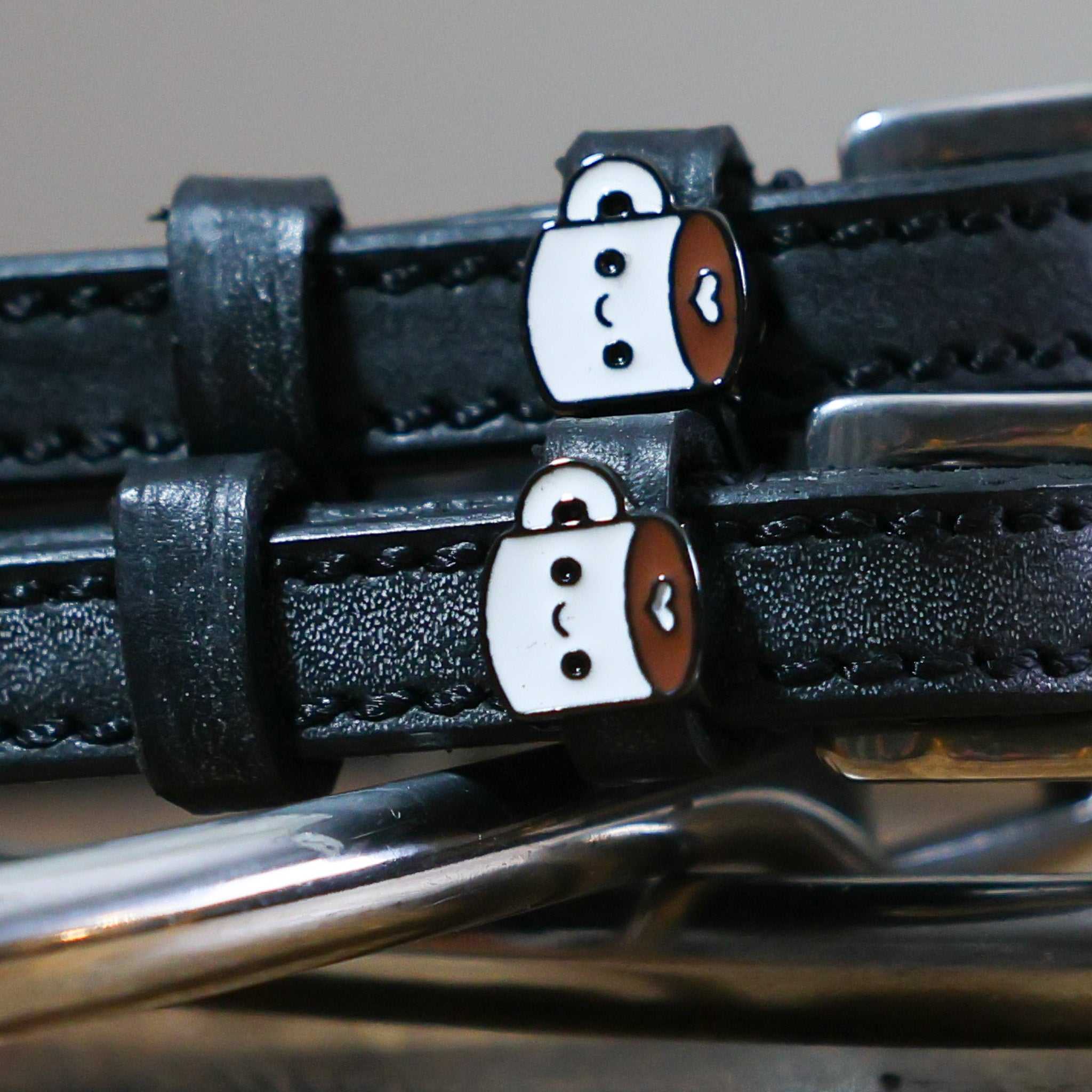 Black leather Coffee Spur Straps with stainless steel buckle and custom coffee cup charm