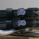 Blue Ribbon Spur Straps black leather with stainless steel buckles and blue ribbon charms