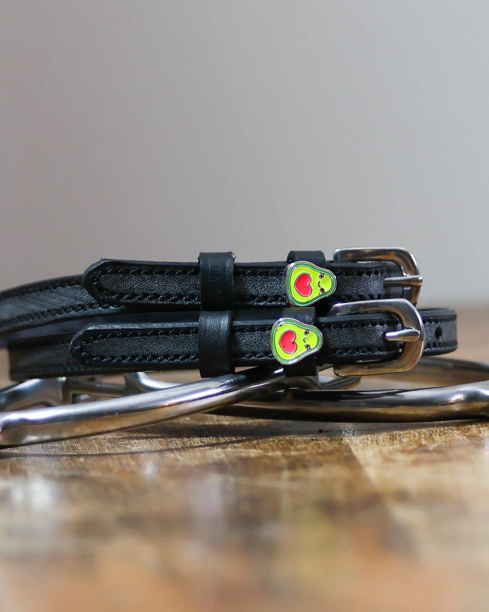 ManeJane Happy Avocado Spur Straps Spur Straps — black leather, non-stretch, hero image for English riders.