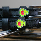 Black leather Happy Avocado Spur Straps with stainless steel buckle and custom avocado charm