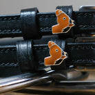 Bay Horse Spur Straps black leather with custom bay horse charm and stainless steel buckle