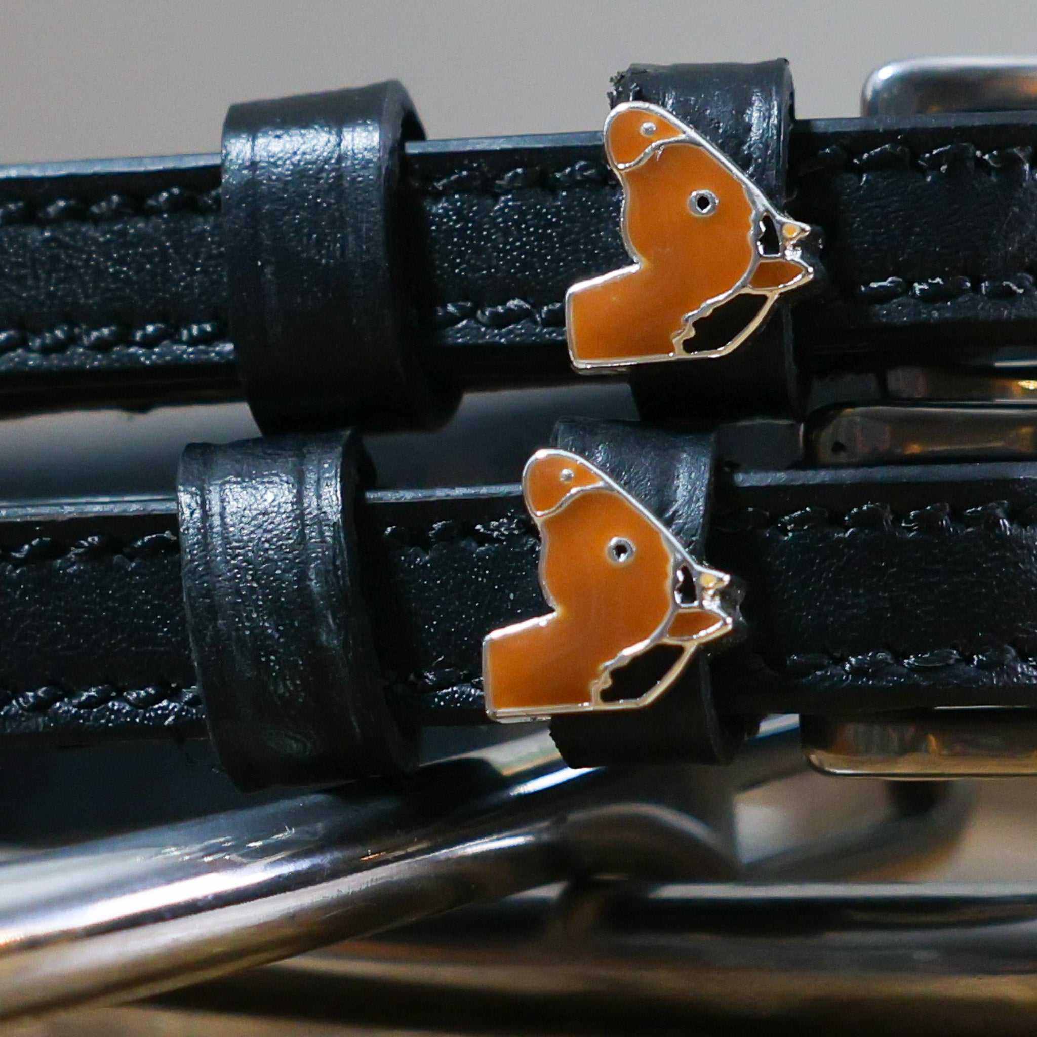 Bay Horse Spur Straps black leather with custom bay horse charm and stainless steel buckle