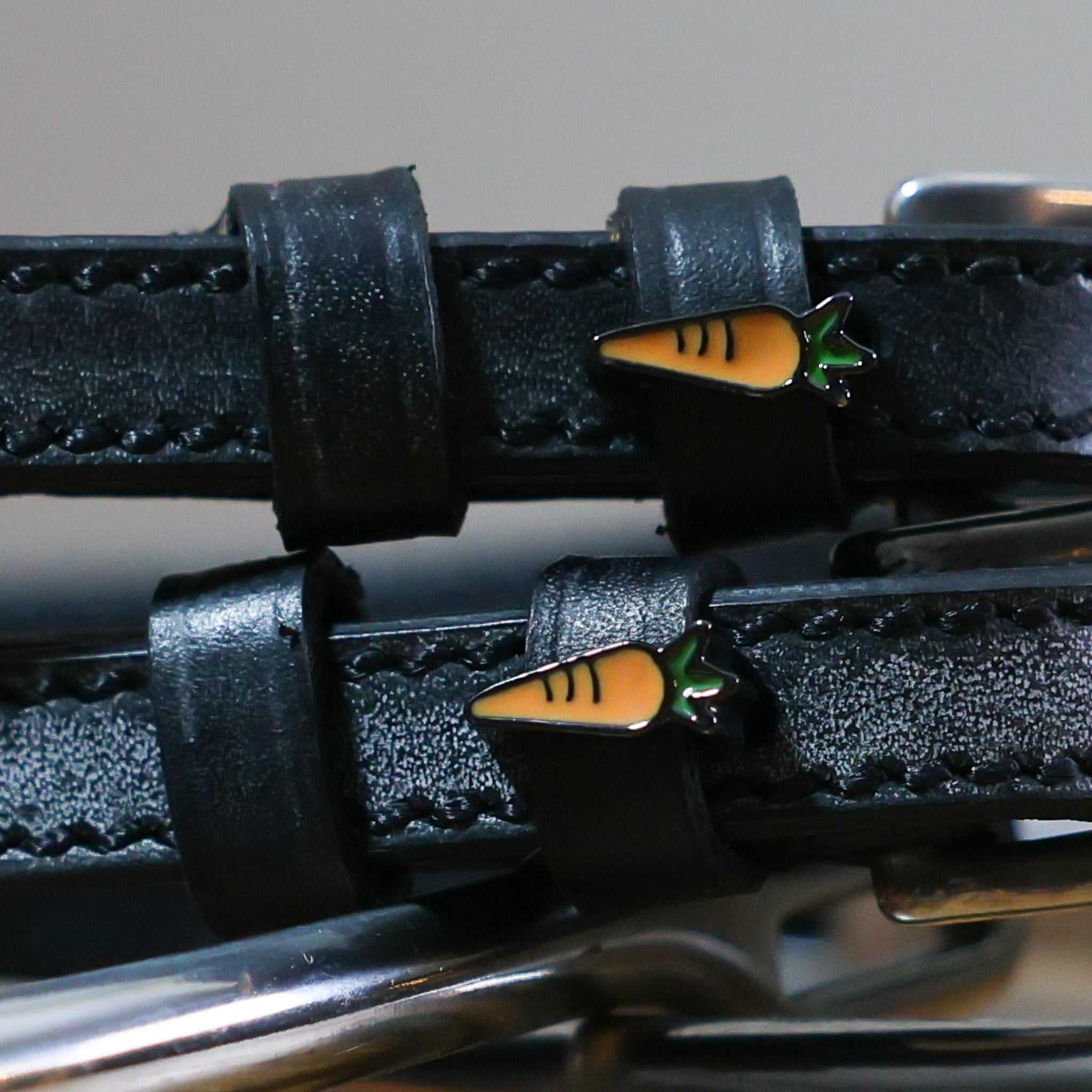 Black leather Carrot Spur Straps with stainless steel buckle and carrot charm