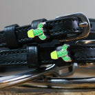 Black leather spur straps with stainless steel buckles and green cactus charms