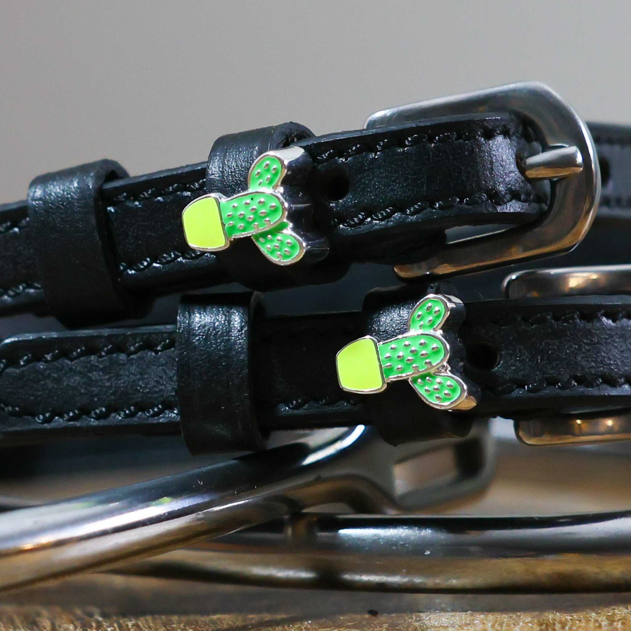 Black leather spur straps with stainless steel buckles and green cactus charms