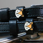 Friendly Fox Spur Straps black leather with stainless steel buckle and fox charm close-up