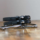 ManeJane Champagne Spur Straps Spur Straps — black leather, non-stretch, hero image for English riders.