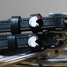 Black leather chicken spur straps with stainless steel buckles and chicken charms