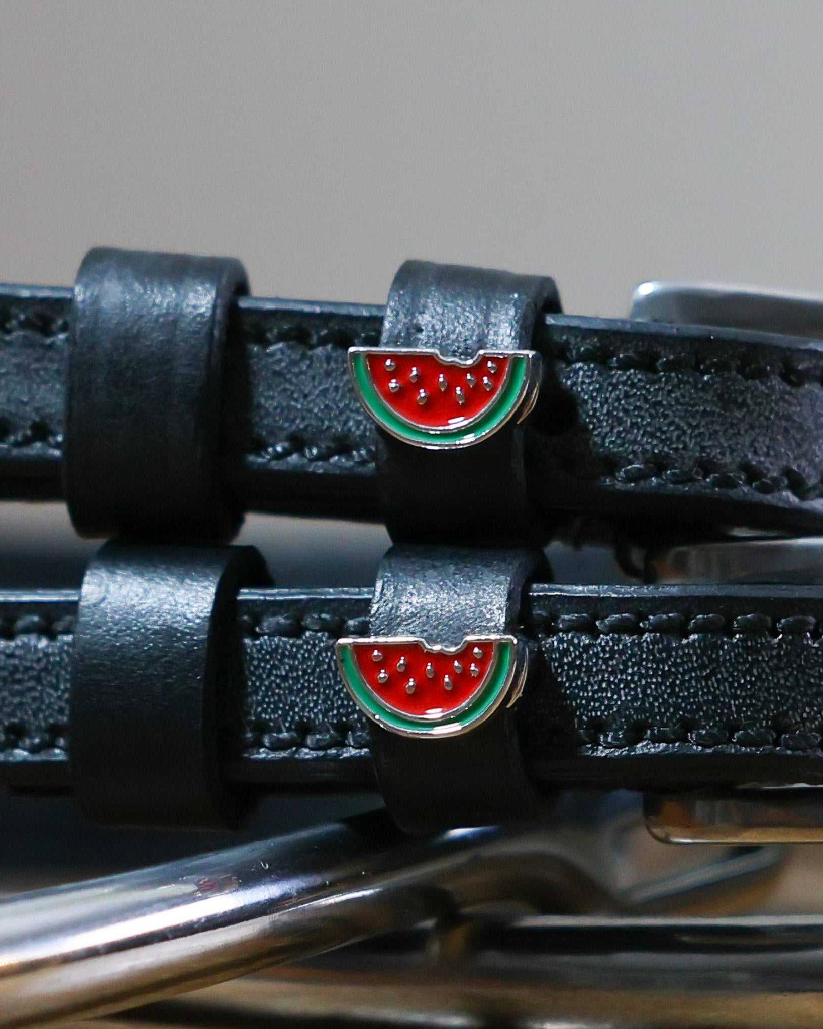 Black leather Watermelon Spur Straps with stainless steel buckles and watermelon charm