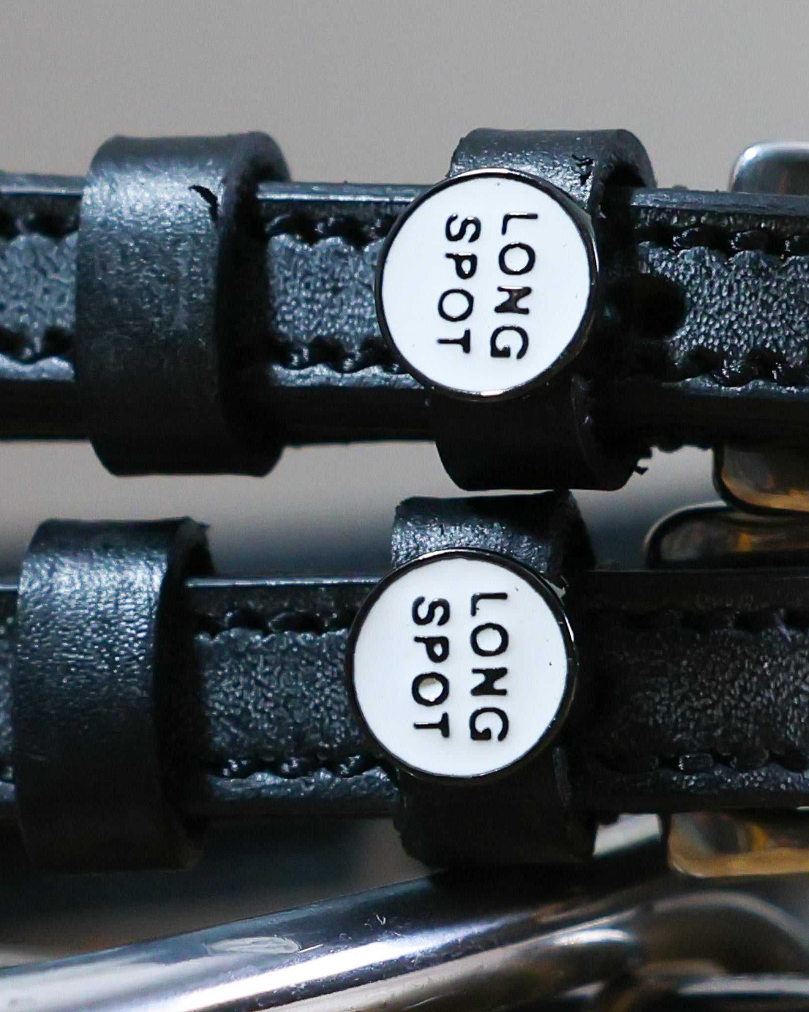 Black leather Long Spot Spur Straps with stainless steel buckle and custom charm