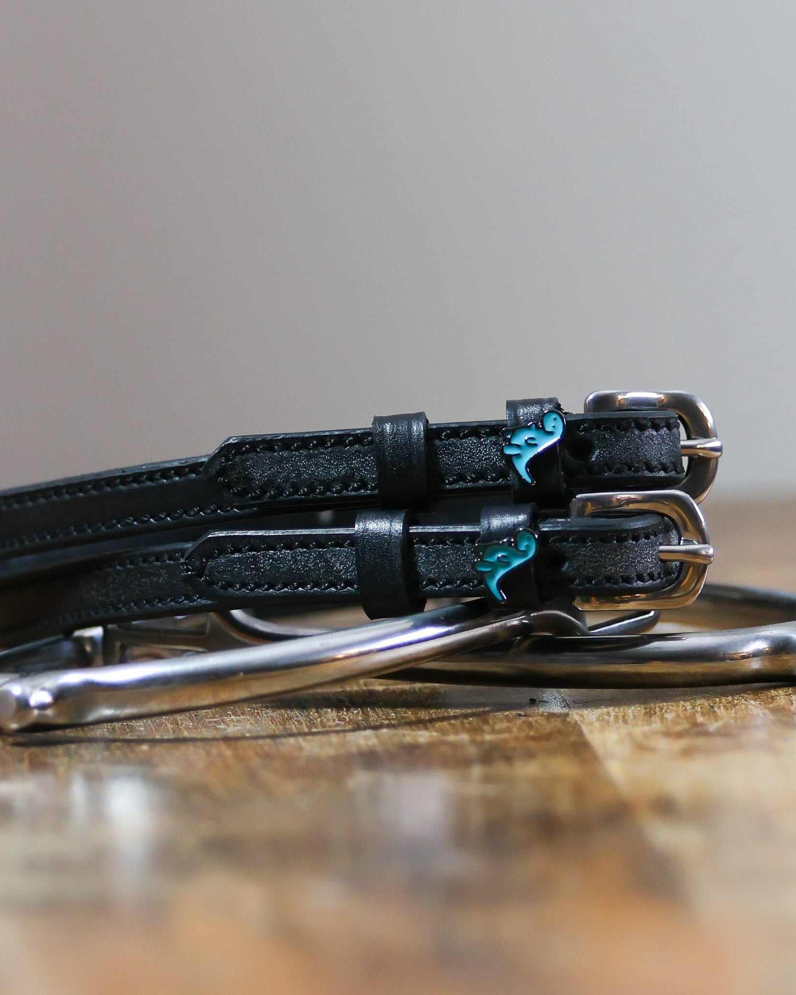 ManeJane Nice Dino Spur Straps Spur Straps — black leather, non-stretch, hero image for English riders.