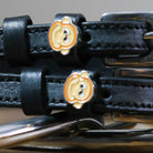 Black leather Monkey Faces Spur Straps with stainless steel buckles and custom monkey face charms
