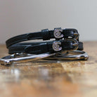 ManeJane Horse Shoe Clover Spur Straps Spur Straps — black leather, non-stretch, hero image for English riders.