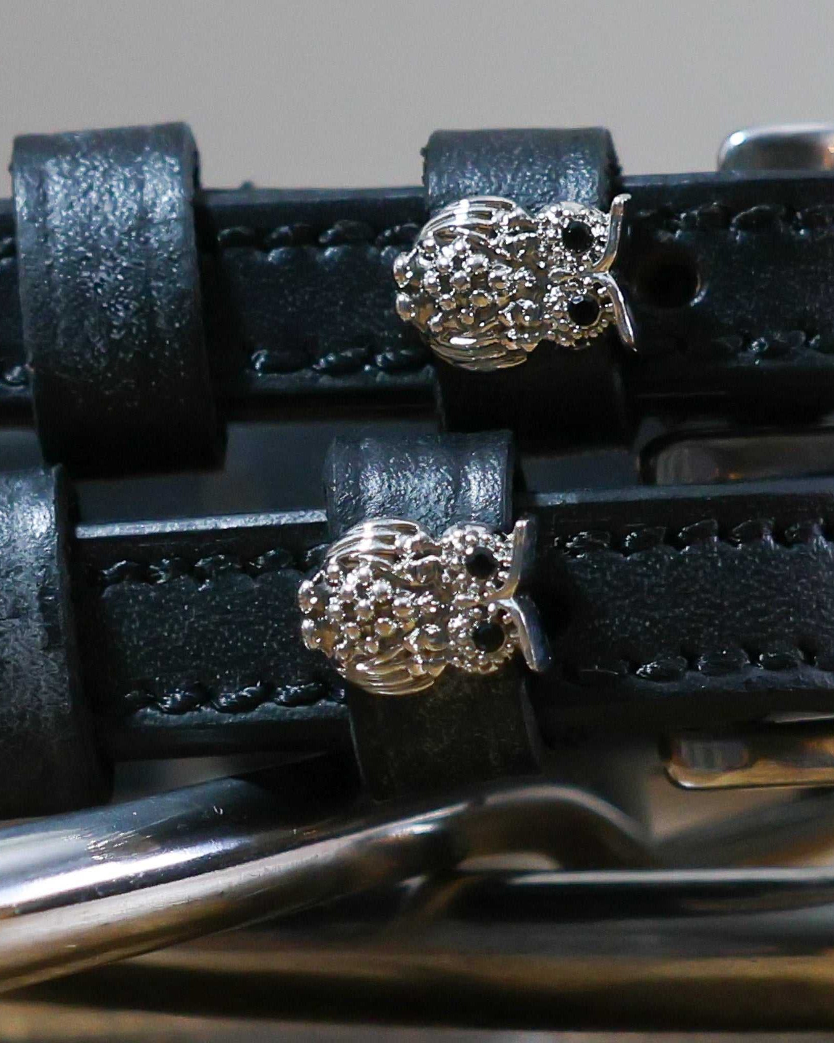 Owl Silver Bling black leather spur straps with silver owl charm and stainless steel buckle