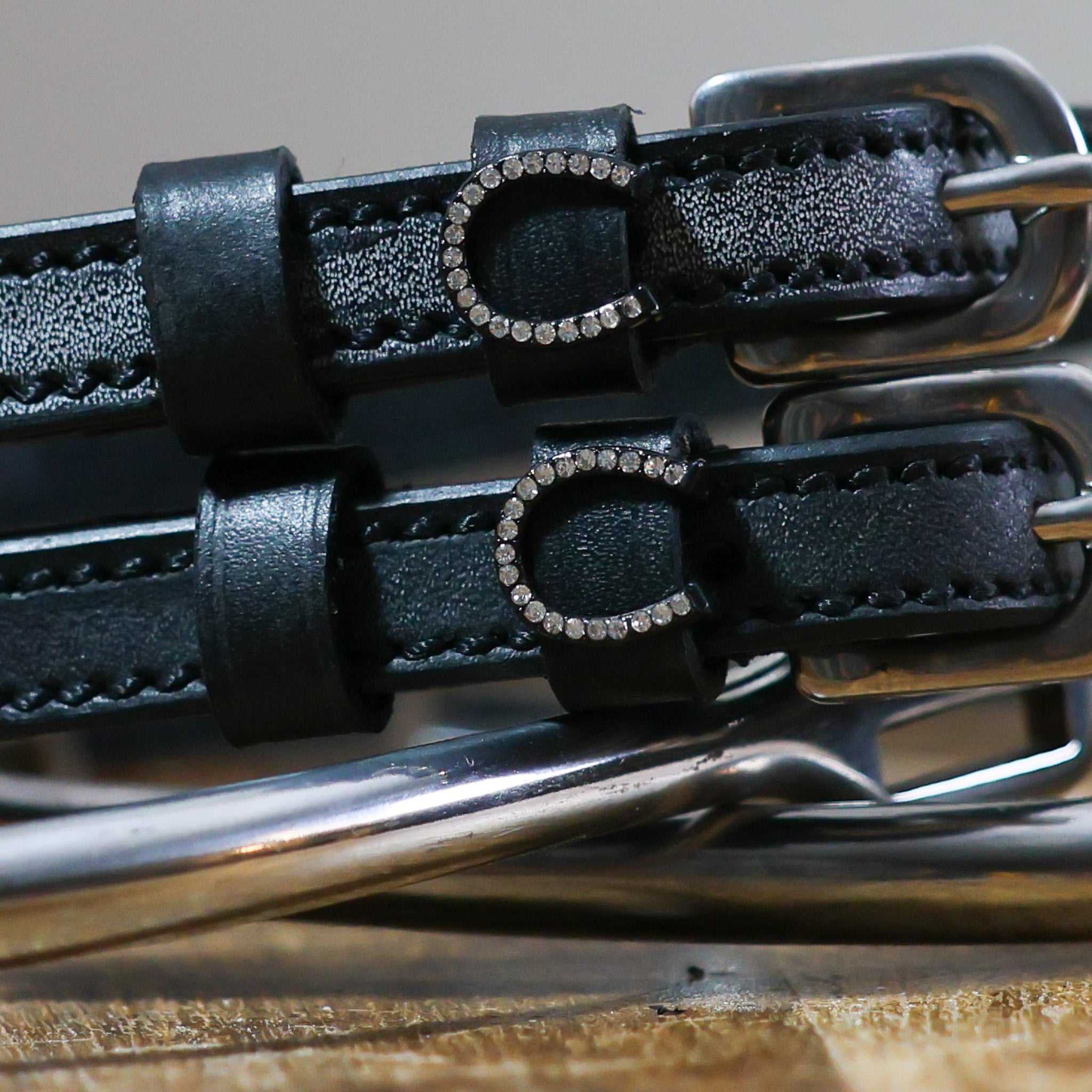 Black leather Horse Shoes silver bling spur straps with rhinestone horseshoe charm and stainless steel buckles