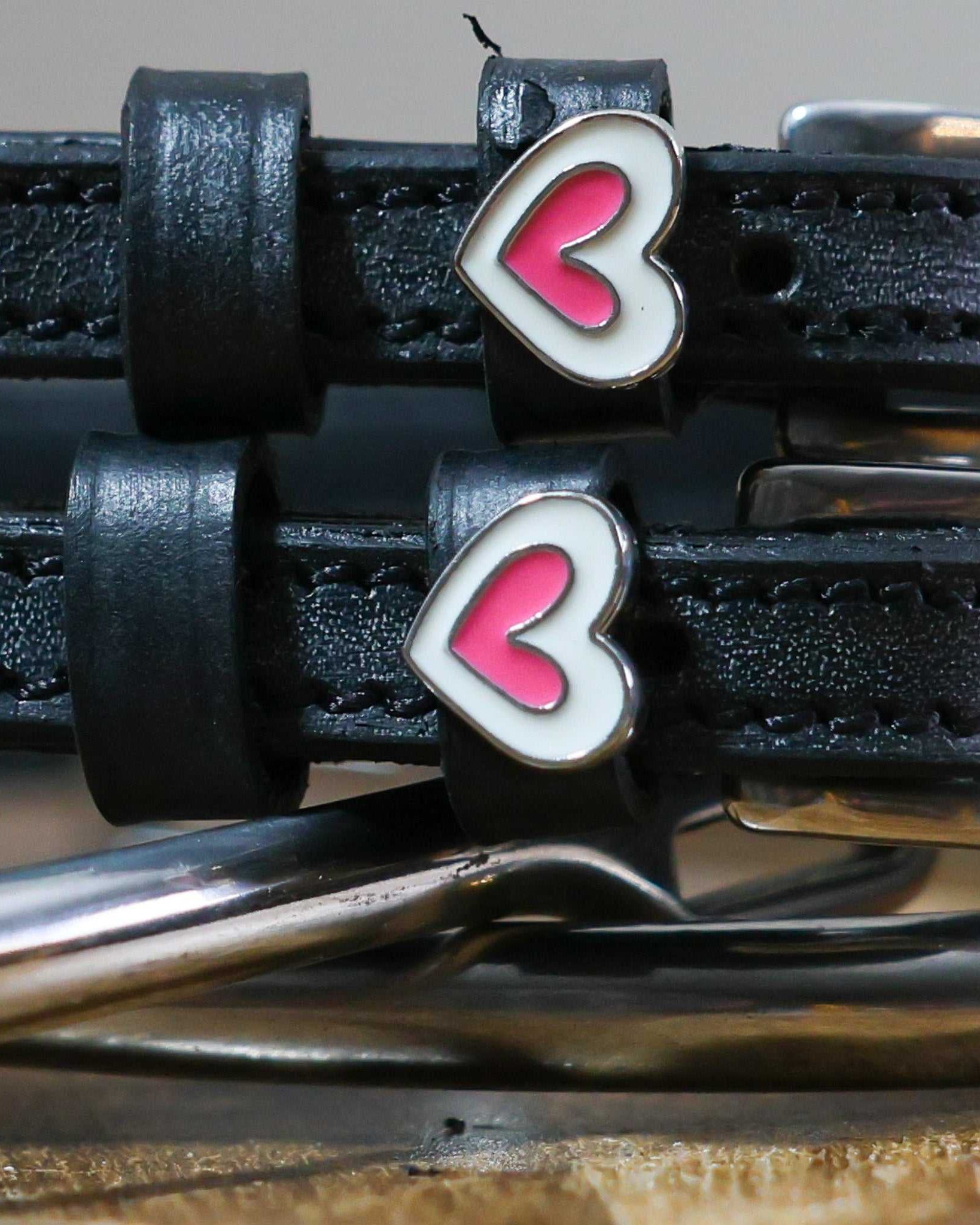 Heart Smooshes Spur Straps black leather with pink heart charm and stainless steel buckle
