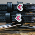 Heart Smooshes Spur Straps black leather with pink heart charm and stainless steel buckle