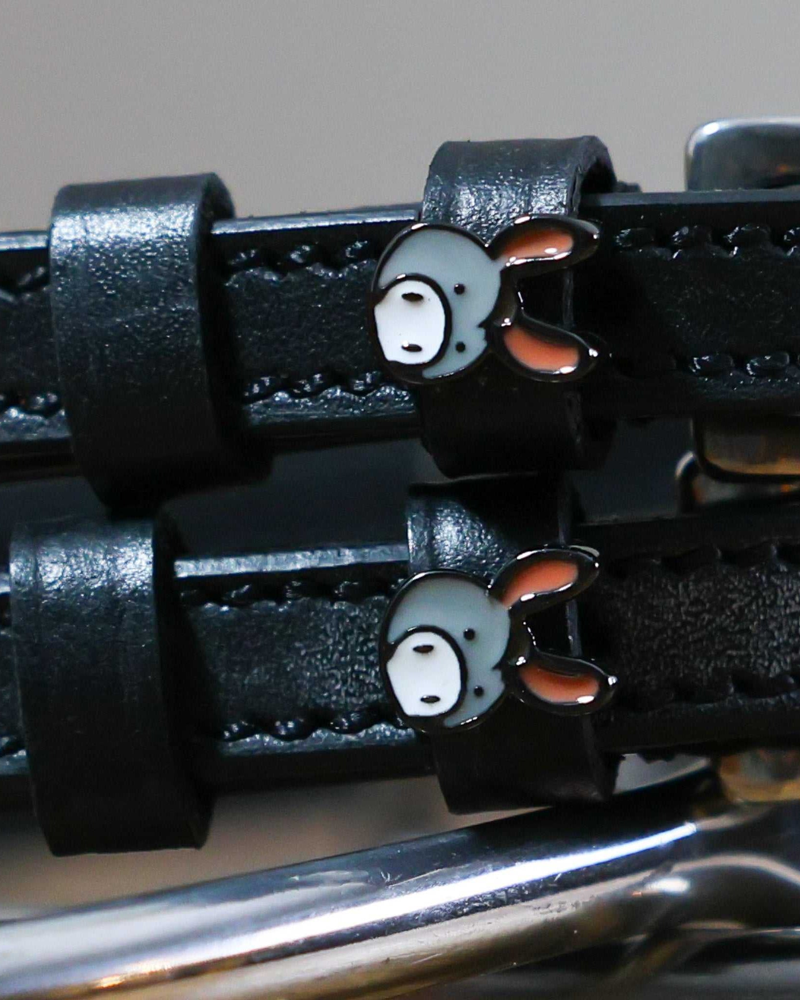 Black leather Donkey Spur Strap with stainless steel buckle and custom donkey charm