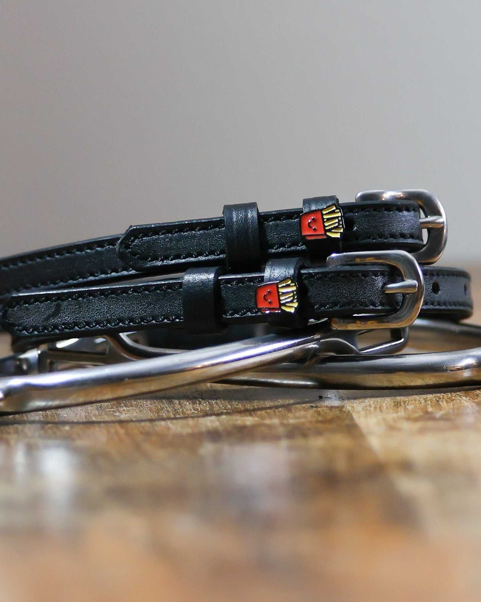 Black leather fries spur straps with stainless steel buckles from Burger & Fries Bundle equestrian set