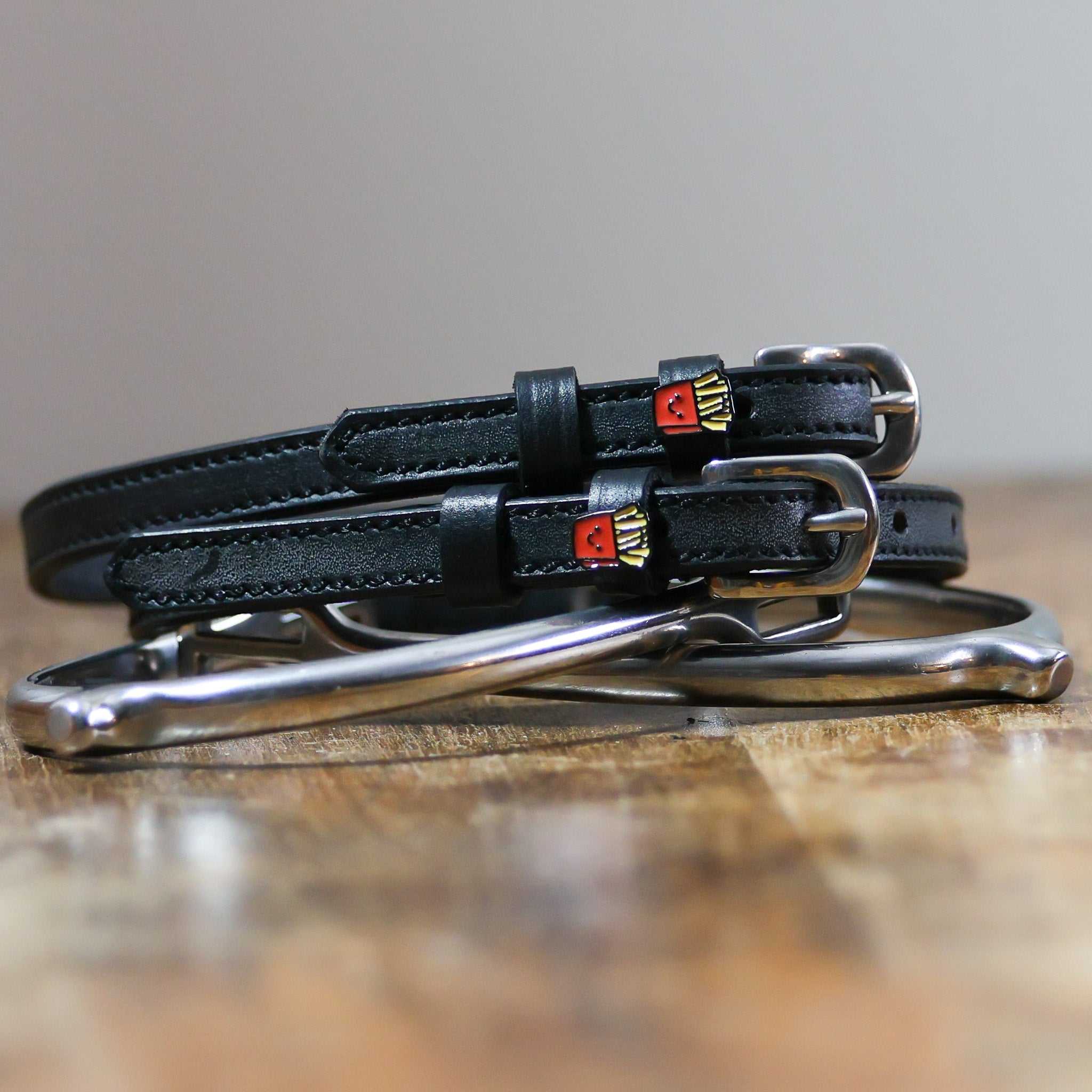 Black leather fries spur straps with stainless steel buckles from Burger & Fries Bundle equestrian set