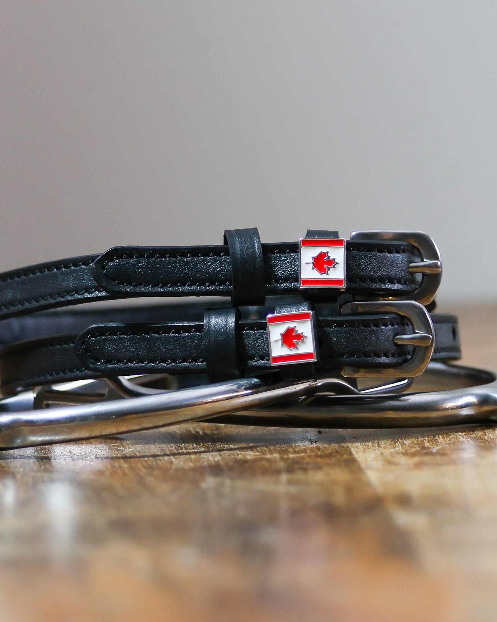 ManeJane Canadian Flag Spur Straps Spur Straps — black leather, non-stretch, hero image for English riders.