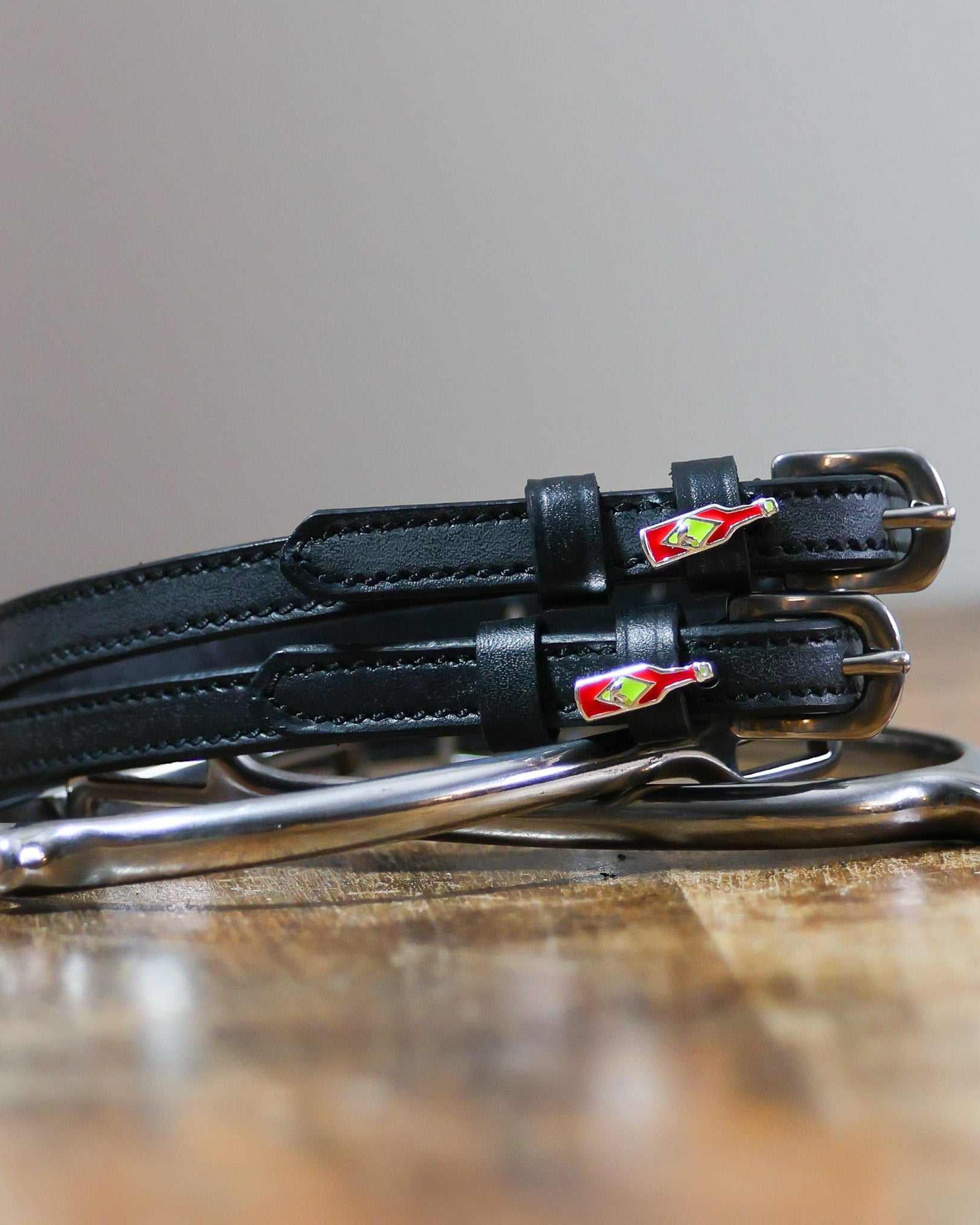 ManeJane Hot & Spicy Spur Straps Spur Straps — black leather, non-stretch, hero image for English riders.