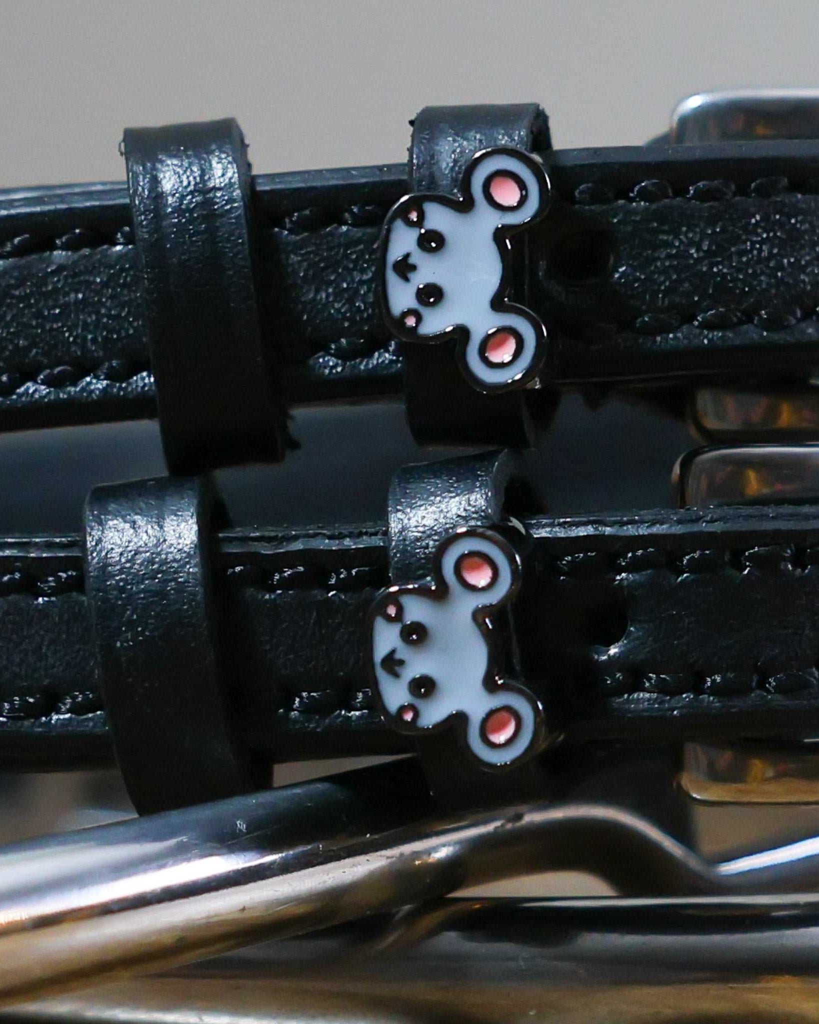 Black leather Mouse Spur Straps with stainless steel buckles and mouse-shaped charms