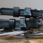 Black leather Snail Spur Straps with stainless steel buckle and custom snail charm
