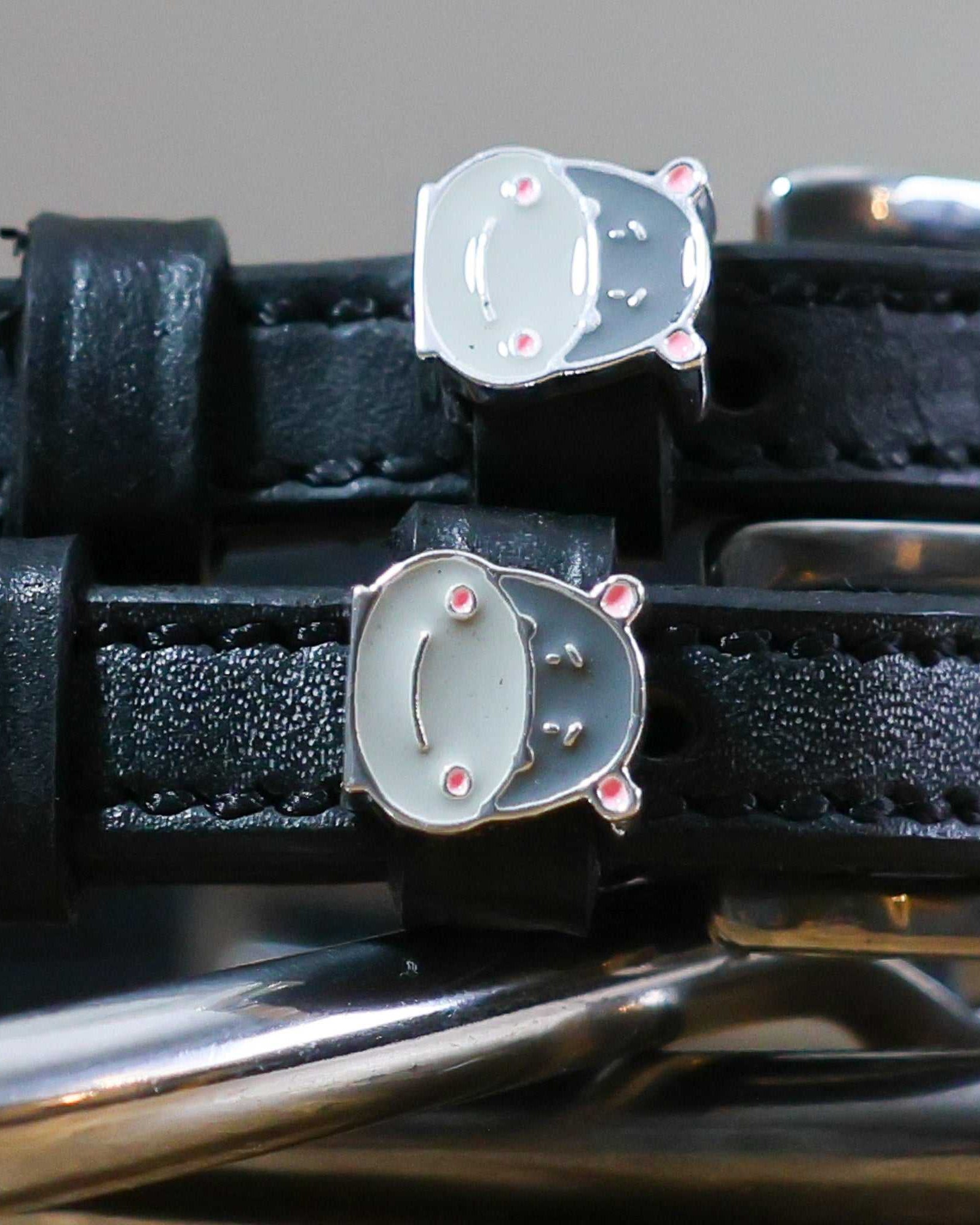 Black leather Hippo Face Spur Straps with stainless steel buckle and custom hippo charm