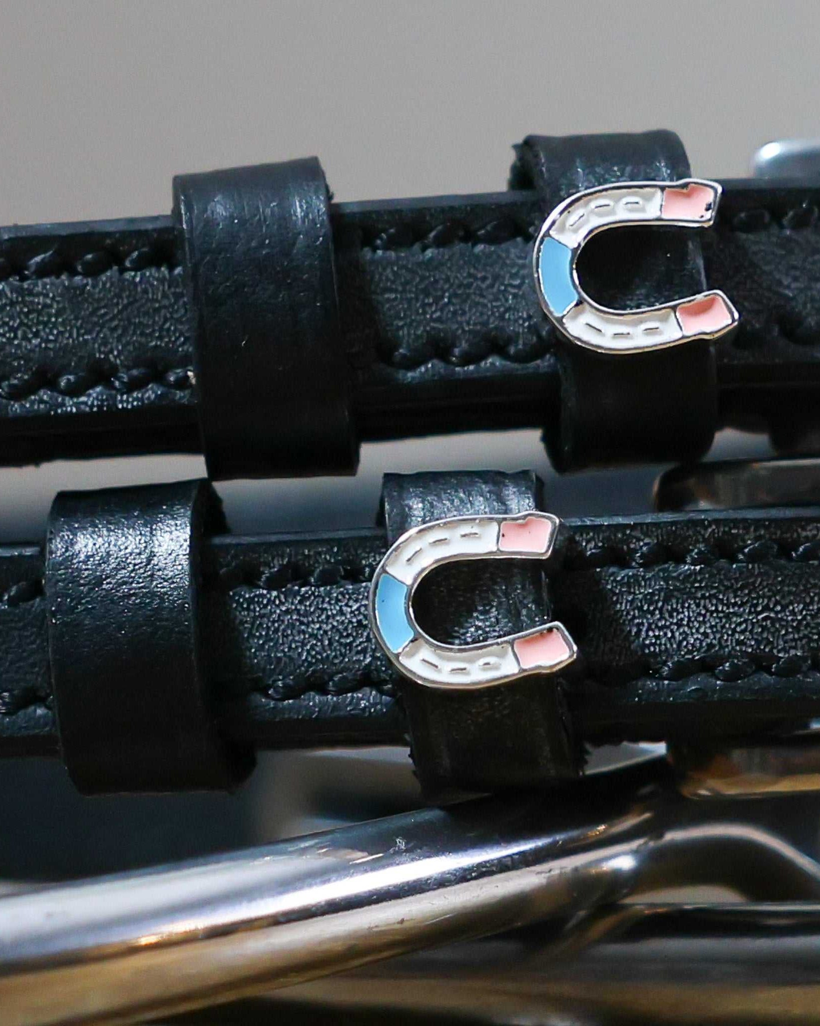 Black leather Horse Shoe Party Spur Straps with stainless steel buckle and custom horseshoe charm