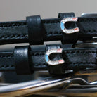Black leather Horse Shoe Party Spur Straps with stainless steel buckle and custom horseshoe charm