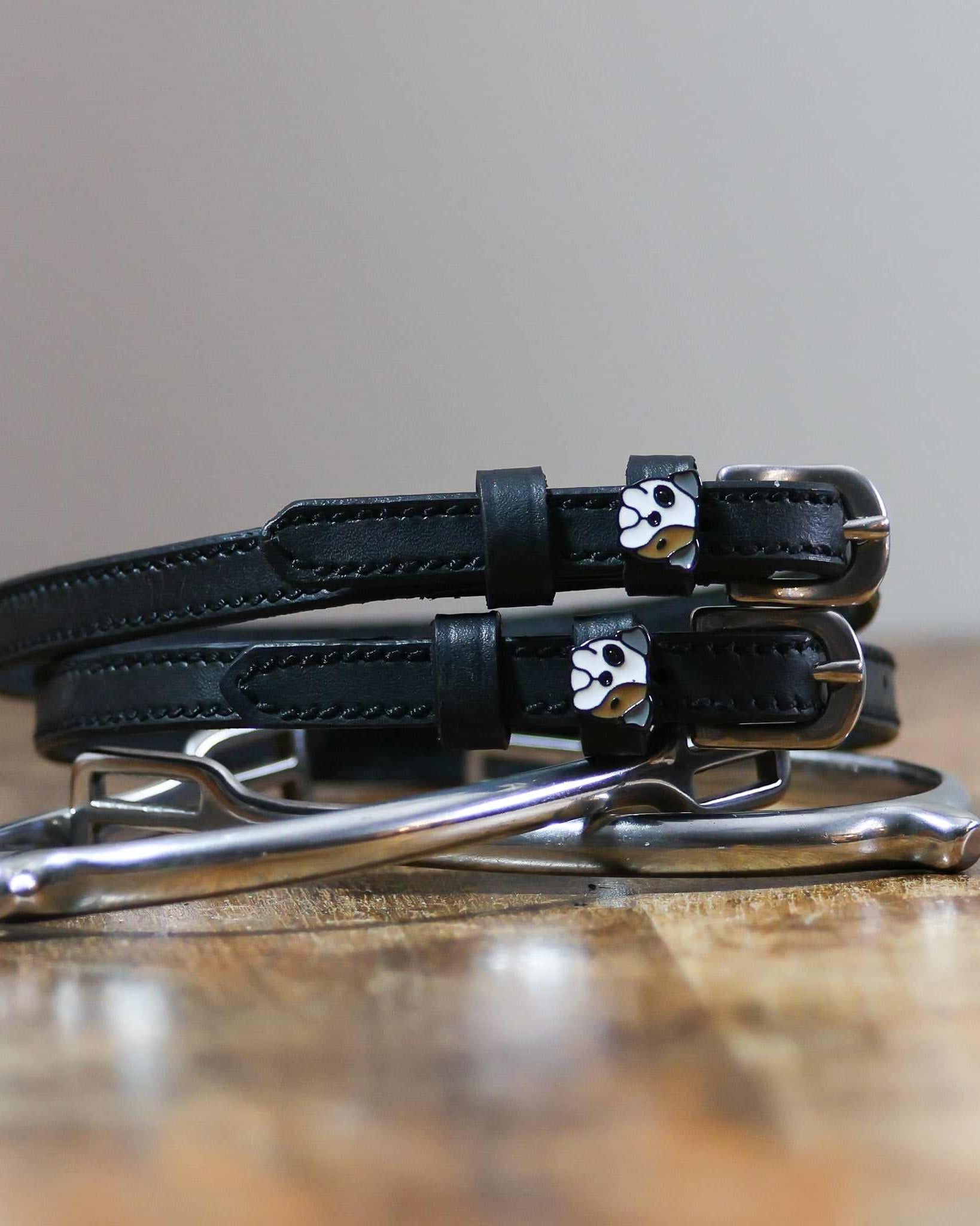 ManeJane Dog - Bulldog Spur Straps Spur Straps — black leather, non-stretch, hero image for English riders.