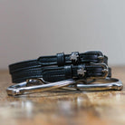 ManeJane Sea Turtle Silver Spur Straps Spur Straps — black leather, non-stretch, hero image for English riders.