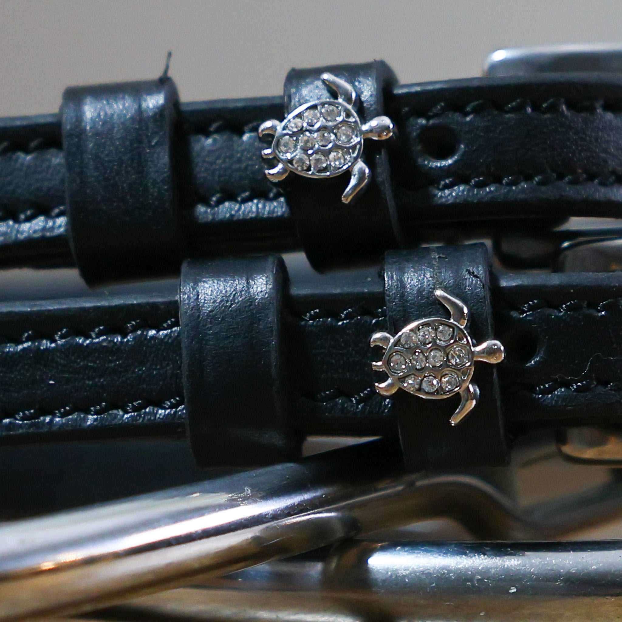Black leather Sea Turtle Silver Spur Straps with rhinestone turtle charms and stainless steel buckles