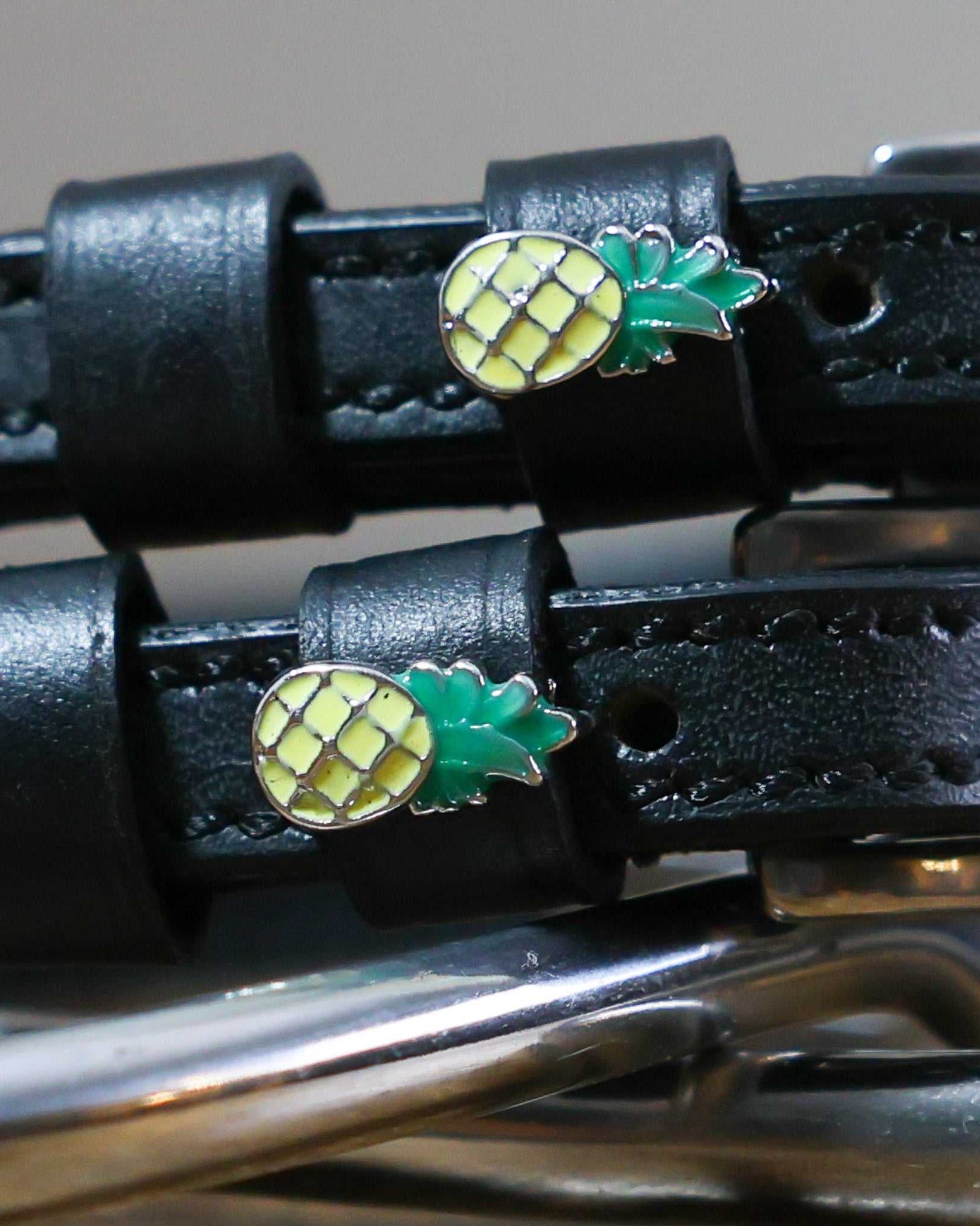 Black leather Pineapple Spur Straps with stainless steel buckle and pineapple charm
