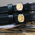 Black leather Pancakes Spur Straps with stainless steel buckles and custom pancake charms