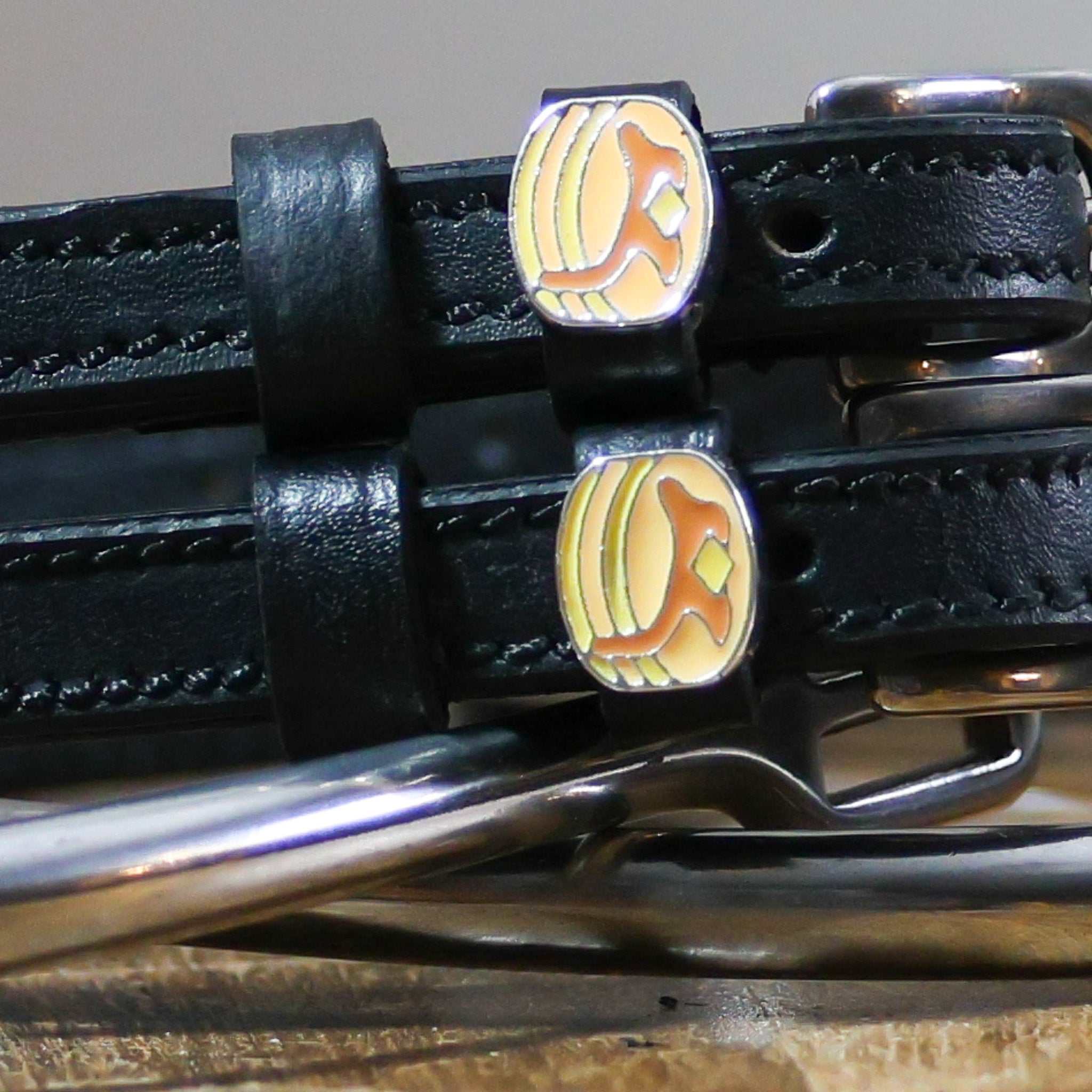 Black leather Pancakes Spur Straps with stainless steel buckles and custom pancake charms