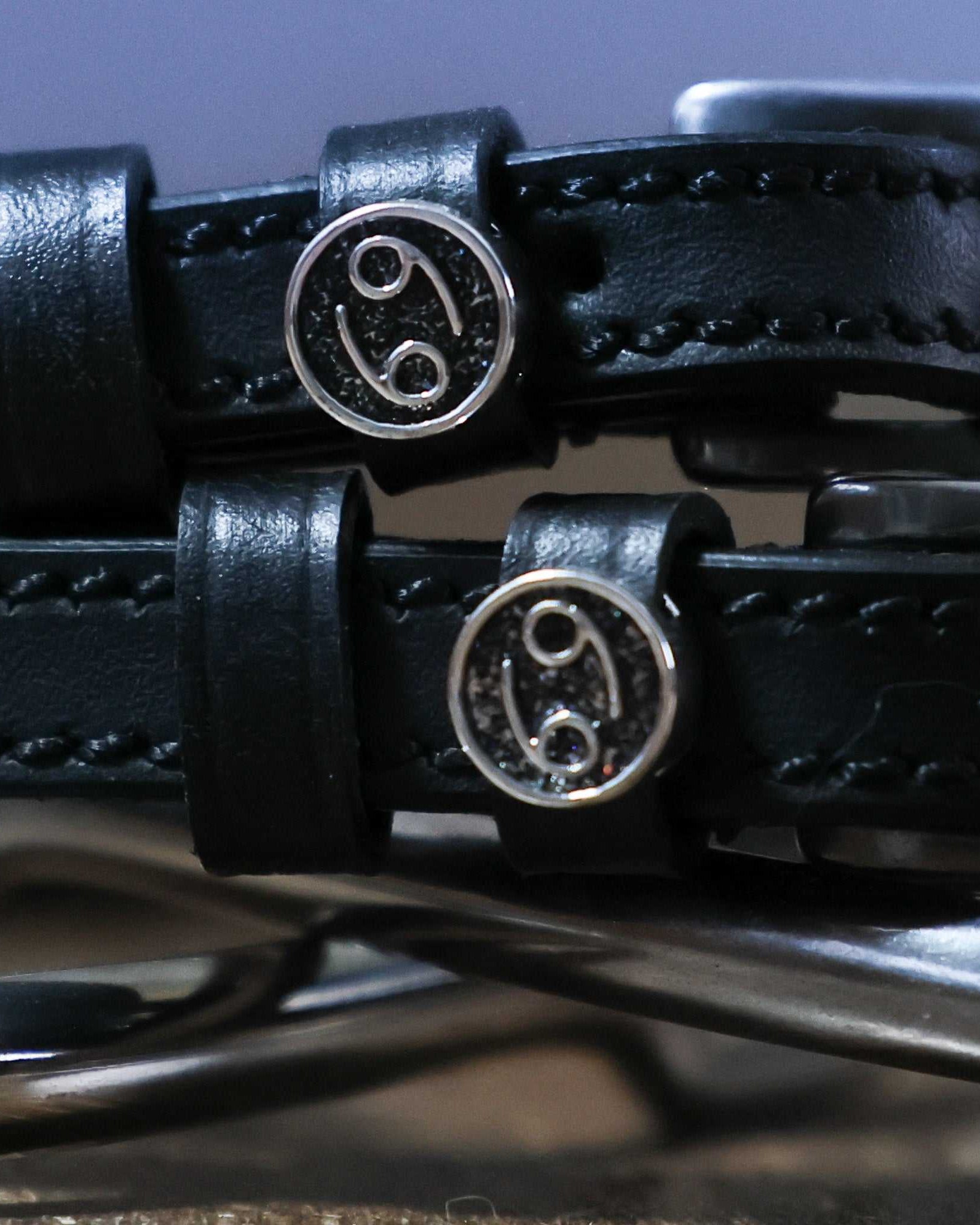 Black leather Cancer Spur Straps with stainless steel Cancer zodiac charm and buckle