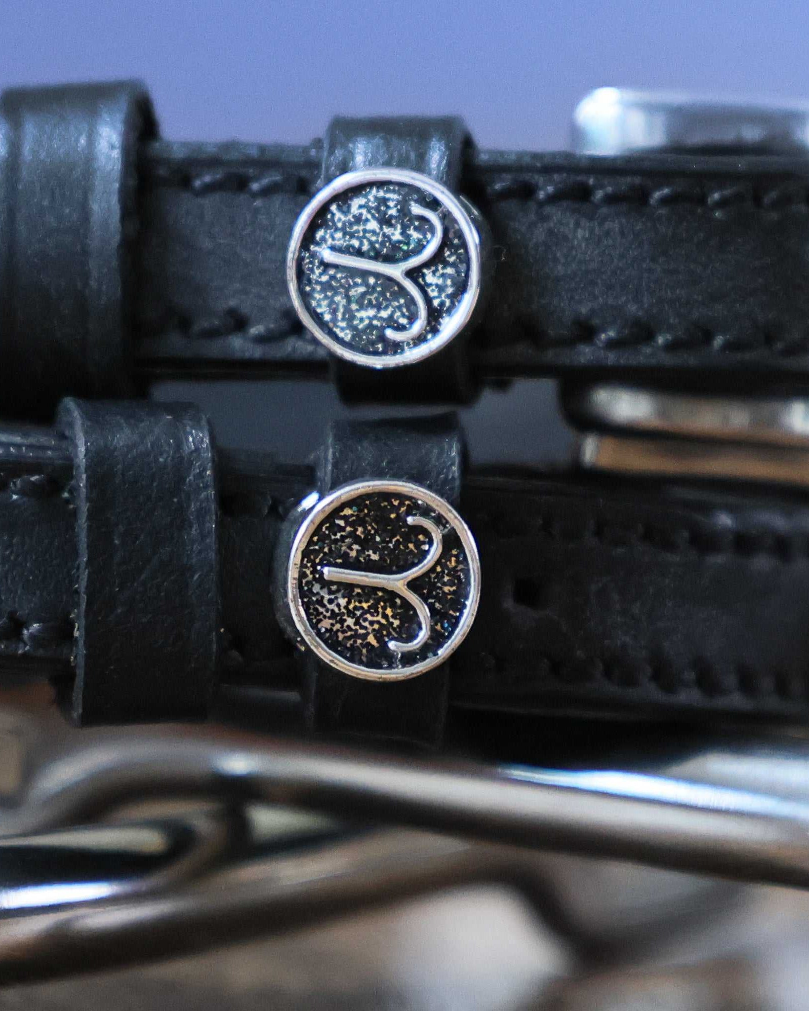 Black leather Aries Spur Straps with stainless steel buckles and custom ManeJane Aries charms