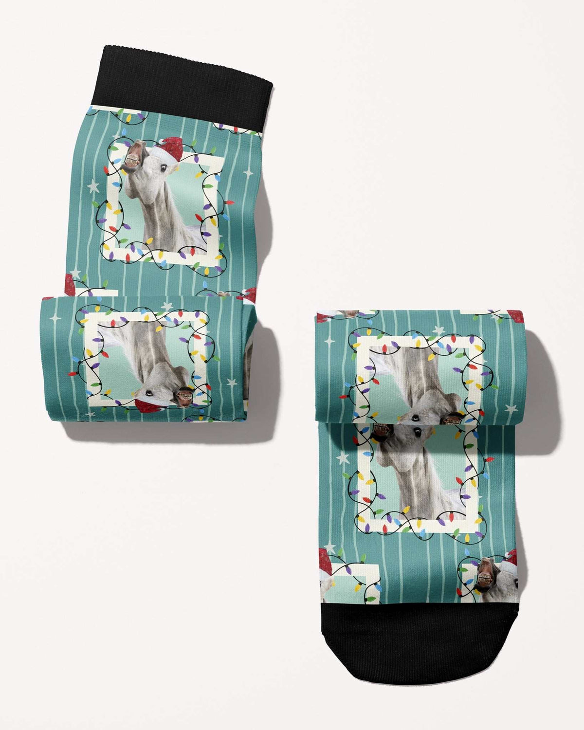 Merry & Bright custom photo equestrian boot socks, rolled, showing the pattern repeat, by Dreamers & Schemers