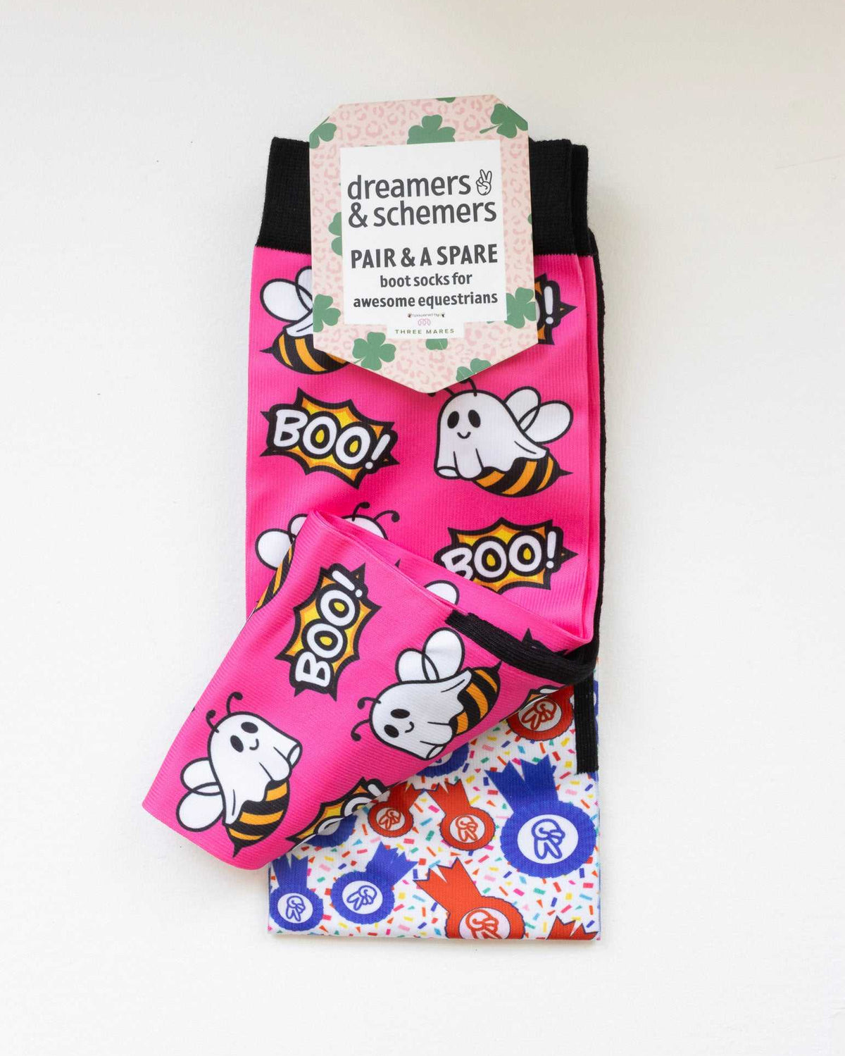 Boo Bees boot socks shown folded with the included spare sock and printed cuff detail