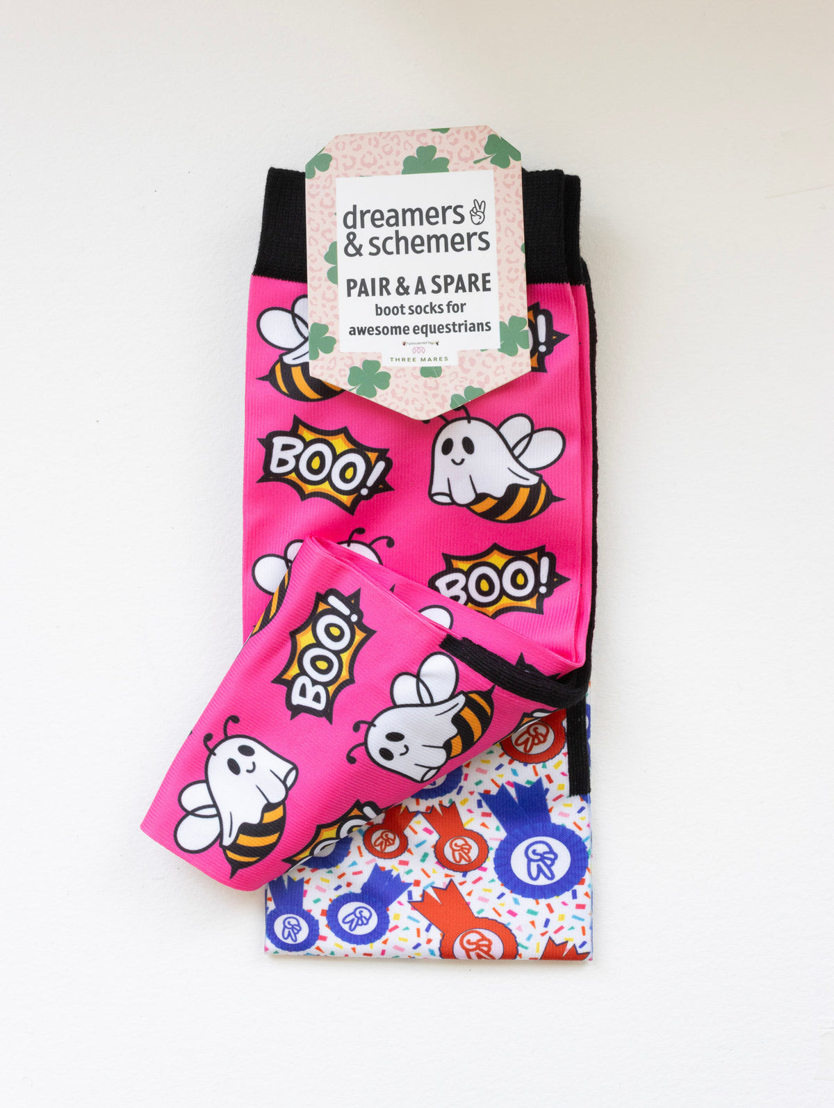 Boo Bees boot socks shown folded with the included spare sock and printed cuff detail