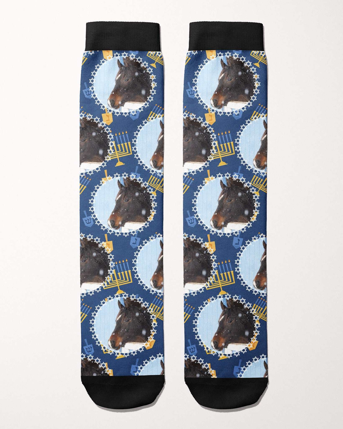 Oy to the World custom photo equestrian boot socks, flat lay of the pair, by Dreamers & Schemers