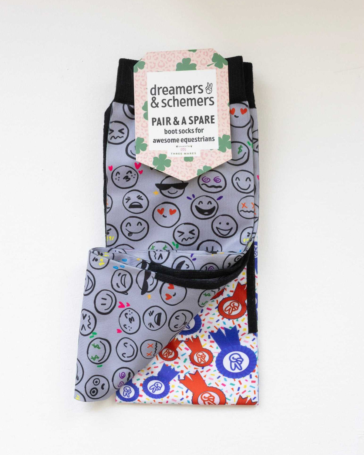 Horse Ownership boot socks shown folded with the included spare sock and printed cuff detail