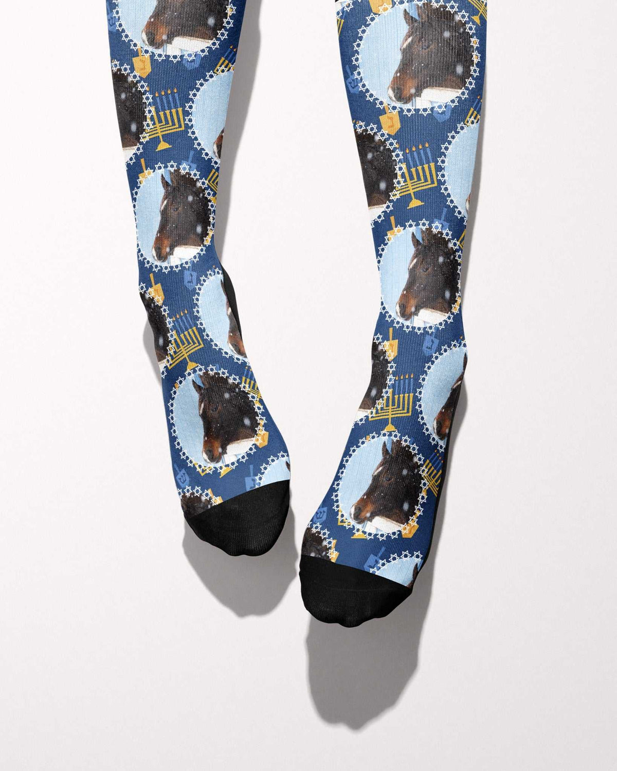 Oy to the World custom photo equestrian boot socks, worn, showing the full-length pattern, by Dreamers & Schemers